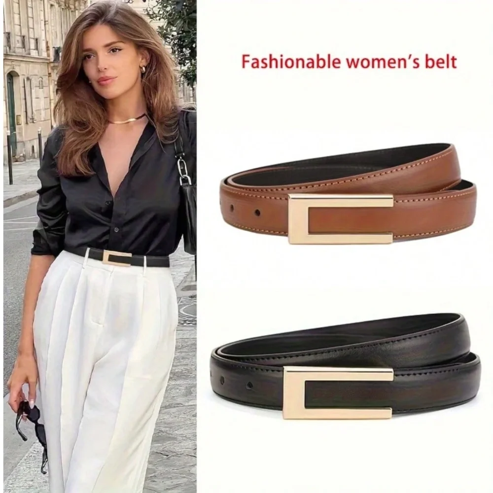 Black or Brown PU Leather Belt Gold Tone Rectangular Buckle